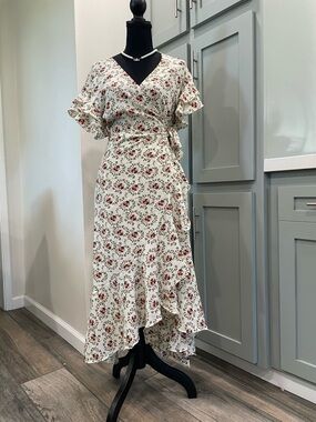 max studio ruffle crepe high low wrap midi dress NEW MAX STUDIO Floral Ruffle Crepe High/Low Wrap Midi Dress Xs 0 2 4 Nwt